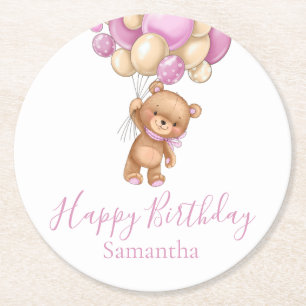 Dessous-de-verre Rond En Papier Ballons Ours Teddy Joyeux Anniversaire Rose Girl