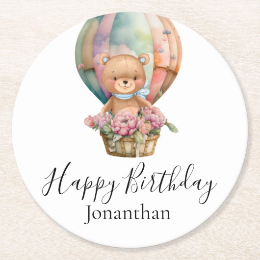 Dessous-de-verre Rond En Papier Balloon Ours Teddy Joyeux anniversaire (Devant)