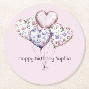Dessous-de-verre Rond En Papier Balloons de fête cœur floral rose lavande