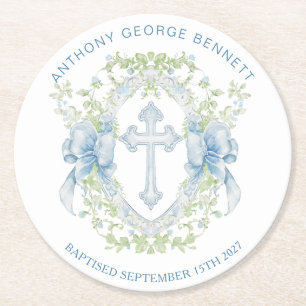 Dessous-de-verre Rond En Papier Baptême Croix Crest Verdure Baby Boy