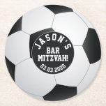 Dessous-de-verre Rond En Papier Bar de soccer personnalisé Mitzvah Blanc noir<br><div class="desc">dessous de verre en papier rond Bar Mitzvah en noir et blanc personnalisés. Personnalisé avec le nom de votre fils et la date de Bar Mitzvah.</div>