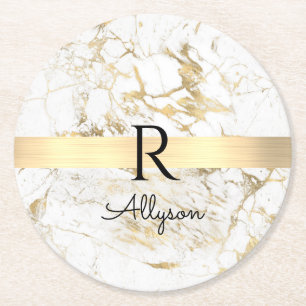 Dessous-de-verre Rond En Papier Barre en or sur marbre blanc et or, monogramme per