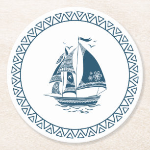 Dessous-de-verre Rond En Papier Bateau à vent bleu marine
