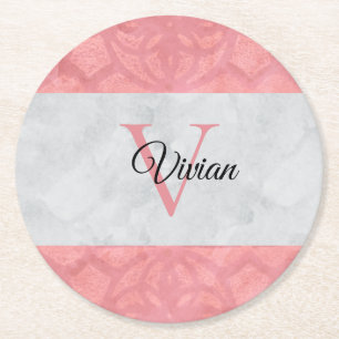 Dessous-de-verre Rond En Papier Batik Rose Ruddy Et Aquarelle Gris Monogramme