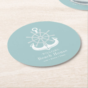 Dessous-de-verre Rond En Papier Beach House Turquoise Nom de famille Ancre