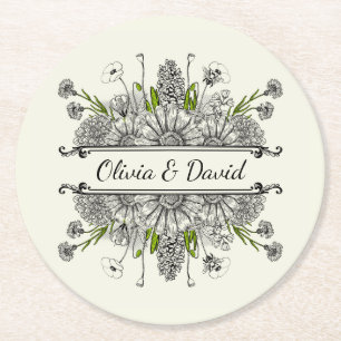 Dessous-de-verre Rond En Papier Beau dessin de fleurs noires et blanches