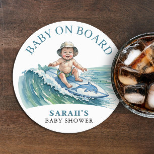Dessous-de-verre Rond En Papier Bébé à bord Baby shower de surf aquarelle