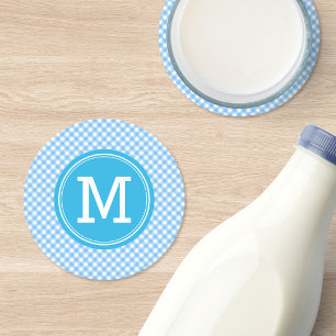 Dessous-de-verre Rond En Papier Bébé de campagne bleu Gingham Personnaliser Monogr