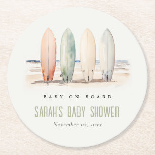 Dessous-de-verre Rond En Papier Bébé neutre à bord Baby shower de surf