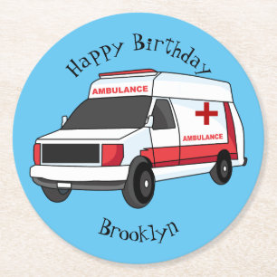 Dessous-de-verre Rond En Papier Belle ambulance rouge caricature van
