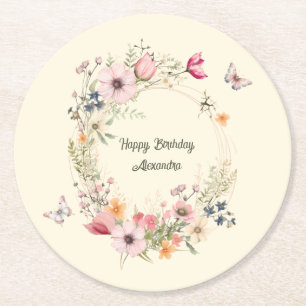Dessous-de-verre Rond En Papier Belle couronne florale et papillons Anniversaire