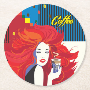 Dessous-de-verre Rond En Papier "Belle Femme de mode avec Café Cup" Pop Art