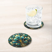 Dessous-de-verre Rond En Papier Belles plumes Peacock Art Déco Turquoise (En situation)