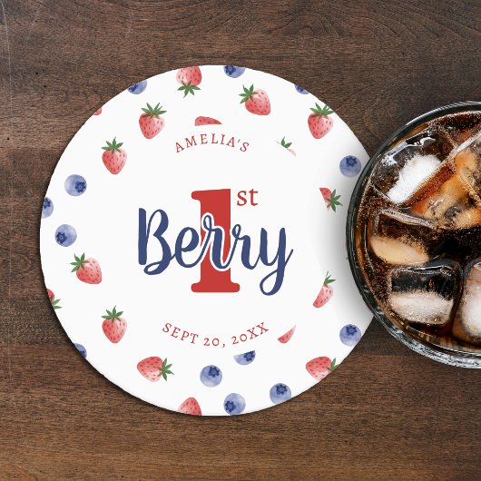 Dessous-de-verre Rond En Papier Berry First Birday Party fraise et bleuet