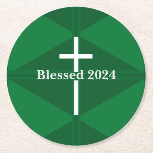 Dessous-de-verre Rond En Papier Bienheureux Nouvel An Croix verte et blanche chrét