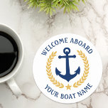 Dessous-de-verre Rond En Papier Bienvenue à bord Nom du bateau Ancre Gold Laurel b<br><div class="desc">Un élégant ensemble de dessous de verre en papier à thème nautique avec l'accueil à bord et votre nom de bateau personnalisé, nom de famille ou autre texte souhaité. Doté d'une ancre de bateau conçue sur mesure avec des feuilles de laurier de style or et d'une étoile sur le blanc...</div>