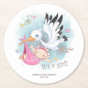 Dessous-de-verre Rond En Papier *~* Birds Stork Baby Girl Flowers Baby shower