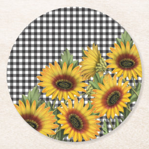 Dessous-de-verre Rond En Papier Bison noir et blanc Plaid Tournesols jaunes