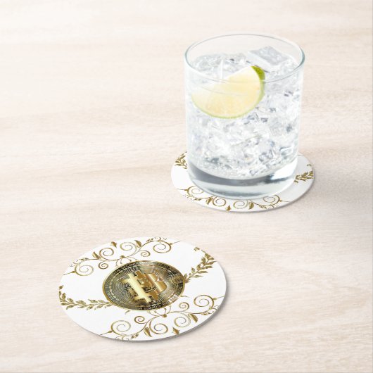 Dessous-de-verre Rond En Papier Bitcoin Gold Coin Crypto argent blanc (En situation)