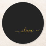 Dessous-de-verre Rond En Papier Black Gold Modern Script Girl Monogramme Nom<br><div class="desc">Dessous de verre en papier noir et or Simple Script Monogramme Nom. Cela fait le cadeau parfait de remise de diplômes,  anniversaire,  mariage,  douche nuptiale,  anniversaire,  baby shower ou bachelorette pour quelqu'un qui aime le luxe glam et les styles chic.</div>