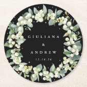Dessous-de-verre Rond En Papier Black Snowberry & Eucalyptus Mariage d'hiver (Devant)