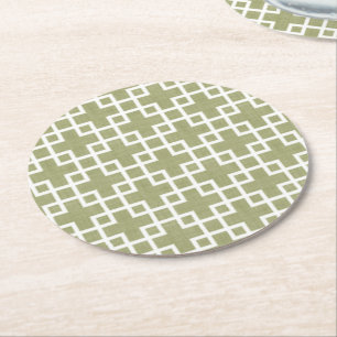 Dessous-de-verre Rond En Papier Blanc Retro Chic Carré Motif Sur Olive Green