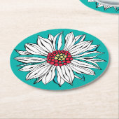 Dessous-de-verre Rond En Papier Blanc Turquoise jaune Fleur marguerite ronde (Incliné)