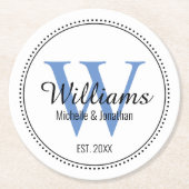 Dessous-de-verre Rond En Papier Bleu de mariage personnalisé avec monogramme (Devant)