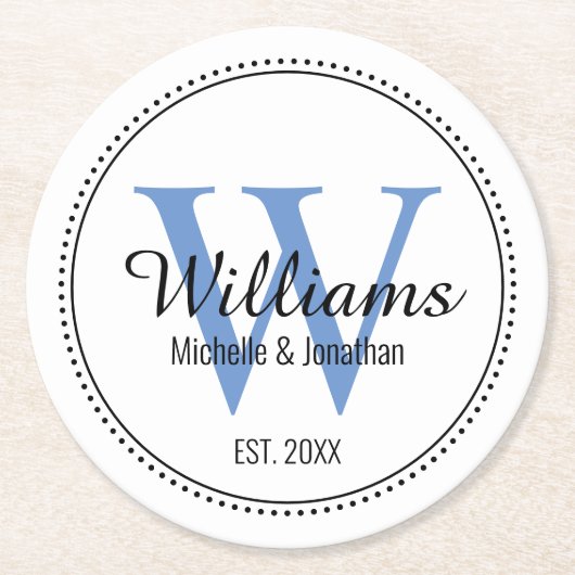 Dessous-de-verre Rond En Papier Bleu de mariage personnalisé avec monogramme (Devant)