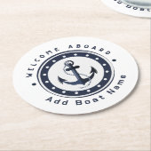 Dessous-de-verre Rond En Papier Bleu Marine Ancre nautique club bateau marina (Incliné)