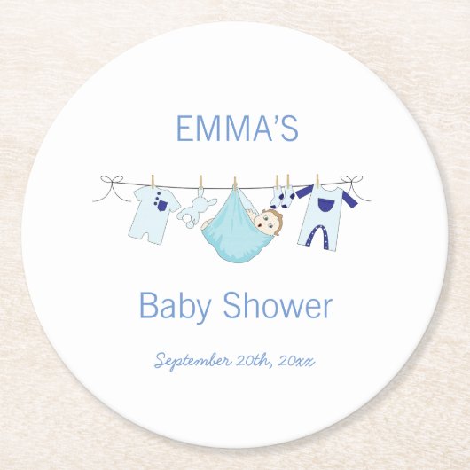 Dessous-de-verre Rond En Papier Bleu mignon illustration de garçon Clothesline Lav (Devant)