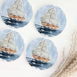 Dessous-de-verre Rond En Papier Bleu Nautique Aquarelle Voilier<br><div class="desc">Ces dessous de verre de voilier à l'aquarelle magnifiquement peints sont le complément parfait à la fête du Baby shower nautique ou en cadeau pour la personne qui vit en bateau dans votre vie!</div>