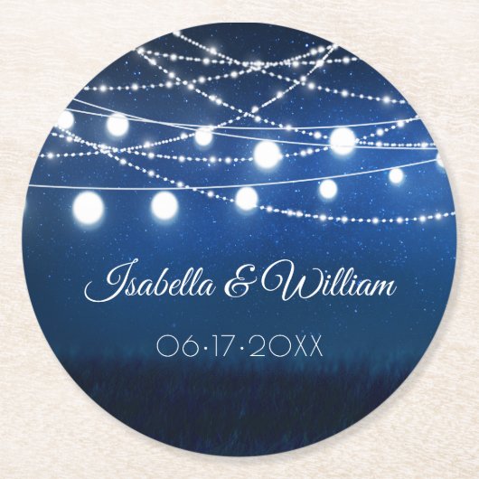 Dessous-de-verre Rond En Papier Bleu Night & Argent String Mariage (Devant)