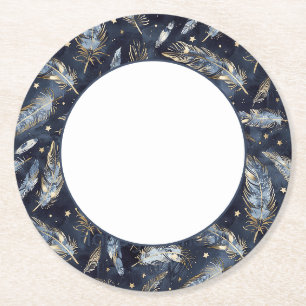 Dessous-de-verre Rond En Papier Bleu Or Plumes Étoiles Blanc Anniversaire