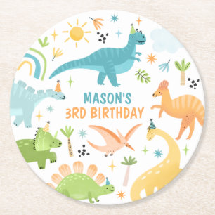Dessous-de-verre Rond En Papier Blue Dinosaur fête d'anniversaire