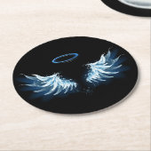 Dessous-de-verre Rond En Papier Blue Glowing Angel Wings on black background (Incliné)