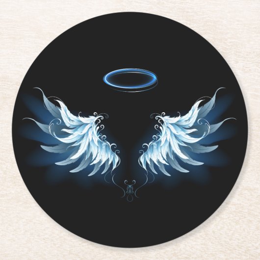Dessous-de-verre Rond En Papier Blue Glowing Angel Wings on black background (Devant)