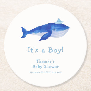 Dessous-de-verre Rond En Papier Blue Modern Boy Under the Sea Whale Baby shower