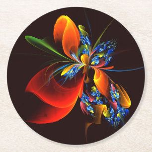 Dessous-de-verre Rond En Papier Blue Orange Floral Moderne Art Abstrait Motif #03