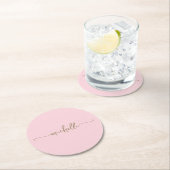 Dessous-de-verre Rond En Papier Blush Rose Or Monogramme Nom Script Signature (En situation)