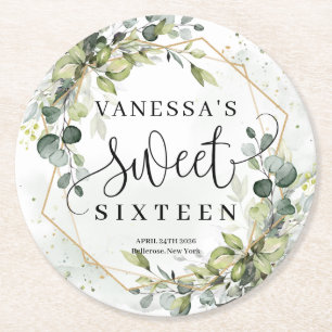 Dessous-de-verre Rond En Papier Boho aquarelle eucalyptus or 16e anniversaire