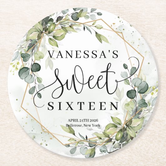 Dessous-de-verre Rond En Papier Boho aquarelle eucalyptus or 16e anniversaire (Devant)