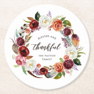Dessous-de-verre Rond En Papier Boho d'automne fleurit Thanksgiving personnalisé