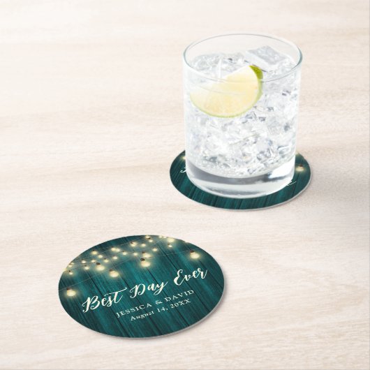 Dessous-de-verre Rond En Papier Bois rustique Lumière Mariage Turquoise (En situation)