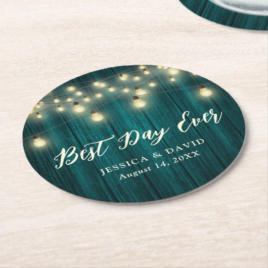 Dessous-de-verre Rond En Papier Bois rustique Lumière Mariage Turquoise (Incliné)