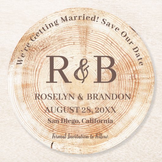 Dessous-de-verre Rond En Papier Bois Rustique Mariage Monogrammes noms Enregistrer (Devant)