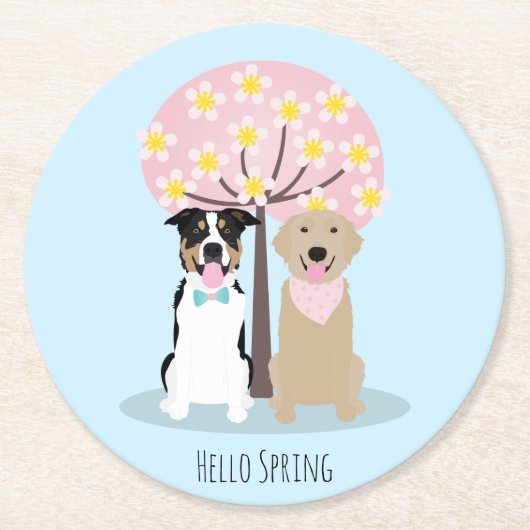Dessous-de-verre Rond En Papier Bonjour Chiens De Printemps Par Cherry Blossom Tre (Devant)