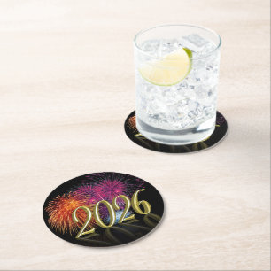 Dessous-de-verre Rond En Papier Bonne année 2026 Or Feux d'artifice colorés