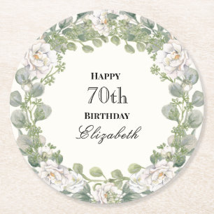 Dessous-de-verre Rond En Papier Bordure Florale Élégante pour les 70 ans de la Fem