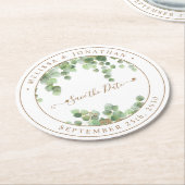 Dessous-de-verre Rond En Papier Botanique Verdure Or Mariage Enregistrer La Date (Incliné)